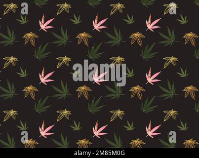 Nahtloses Marihuana-Aquarell-Muster mit natürlichen Cannabisblättern. Goldene Cannabisblätter auf einem dunklen Bacground Stockfoto