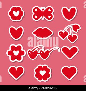Satz von Stickern für Vektor-Liebessymbole. Aufkleber in Form von Lippen, Herzen, Blumen, Vektorbild romantischer Aufkleber Stock Vektor