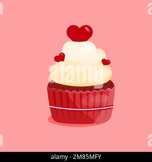 Cupcake mit herzförmiger Kirsche im flachen Stil, isoliert auf pinkfarbenem Hintergrund. Liebe, Valentinstag-Konzept. Vektordarstellung Stock Vektor