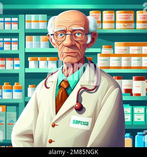 Vektordarstellung eines älteren weißen Apothekers mit Laborkittel und Brille, mit Medikamentenregalen im Hintergrund Stock Vektor