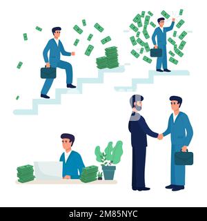 Geschäftsbereich . Illustration von Geschäftsleuten in Anzügen, die sich die Hand schütteln. Ein Mann hebt seine Hand und Geld fällt auf sie, Vektor Stock Vektor
