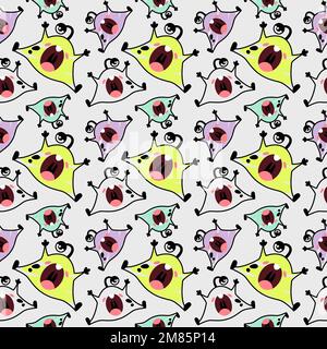 Komisches, nahtloses Muster für Kinder mit Aliens. Kinderzimmer-Design für kleine Jungen. Verschiedene, schlichte, süße Monster. Minimalistischer Aufdruck für Kinderbekleidung Stock Vektor