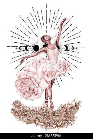 Aquarell tanzend Pink hübsche Ballerina mit Blumen und Mond. Handgezeichnete Aquarell-Illustration. Kann für Karten oder Poster verwendet werden. Stockfoto