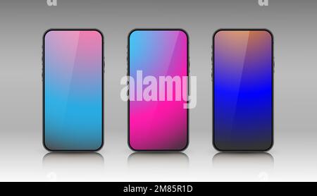 Ein Set aus drei Smartphones mit Farbverlaufsbildschirmen auf grauem Hintergrund. Stock Vektor