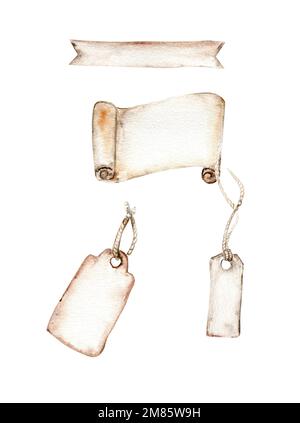 Aquarelle Darstellung eines alten rostigen Elements, Papieraufkleber. Handgezeichnet in Aquarell auf weißem Hintergrund. Perfekt für eine Hochzeitseinladung Stockfoto
