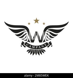 W-Brief mit Wings and Stars Retro-Design-Inspiration, Vector-Design-Symbol, Vorlage Stock Vektor