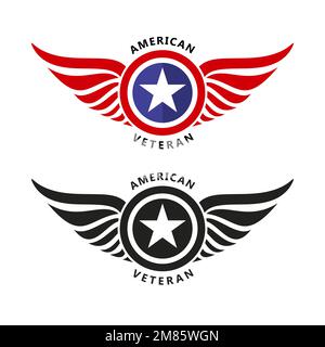 Ein Satz Wings-Abzeichen mit US-Sternen. Design-Vorlage für das Logo des Luftfahrt-Labels. US-Militärveteran-Vektordarstellung Stock Vektor