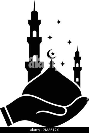 Silhouette der Moschee, luxuriöses Design. Eine Hand hält die Kuppel der Moschee mit Minar und Sternen. Design für islamische Festivals. Stock Vektor