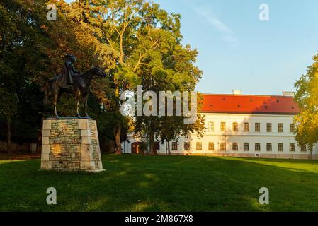 Schloss Eszterhazy neben dem alten See in Tata, Ungarn. Atemberaubender Blick von innen und außen. Herrliche Ausstellung und wunderschöner Garten. Stockfoto