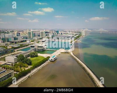 Luftfoto des Parque das Nações, Teil von Lissabon in Portugal und auch bekannt als Expo/Oriente. Stockfoto