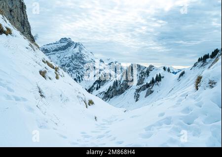 Schöner Blick auf die Schneezone mit Bergkette unter bewölktem Himmel Stockfoto