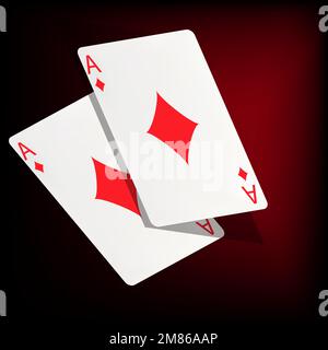 Zwei Spielkarten auf dunkelrotem Hintergrund. Das Konzept des Glücksspiels, des Online-Casinos. Vektorbild. Stock Vektor