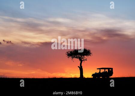 Safari-Fahrzeug bei Sonnenuntergang, Zeit für einen Sonnenuntergang - einzigartige Atmosphäre zum Abschluss des Tages auf Safari - Kenia, Masai Mara, Olare Motorogi Conservancy Stockfoto