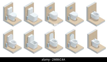 Isometrische Symbole der Toilettenschüssel. Realistische, weiße Toilette. Keramik-Klosettschüssel mit geschlossenem und offenem Deckel Stock Vektor