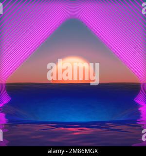 Futuristischer Hintergrund mit Neonkorridor bei Sonnenuntergang am Meer. 3D-Rendering Stockfoto