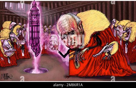 Satire-Zeichentrickfilm, der Paul Dacres Investitur als Szene aus Dark Crystal zeigt. Die Fans wollten, dass der Herausgeber der Daily Mail zu Lords hochgestuft wird. Stockfoto