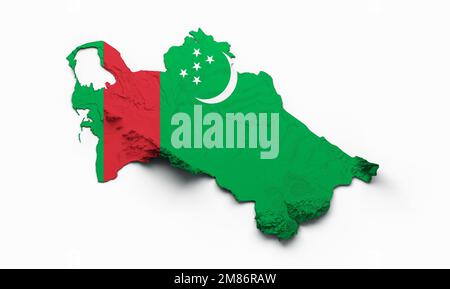 eine 3D-Darstellung der Karte Turkmenistans mit fahnenschattiertem Relief auf weißem Hintergrund Stockfoto