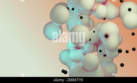 Flüssig animierte, sich bewegende weiße Meta-Kugel schwimmende Kugeln Bläschen Blasen Metasphäre Verformung Raum orangefarbener Hintergrund mit wenig Schwarz Stockfoto