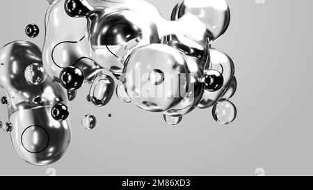 3D-Rendering-Motion-Design Hintergrundanimation Business-Präsentation Schwarzweiß Weiß Metaball Grau Flüssigseife Quecksilberblasen Metasphäre Stockfoto