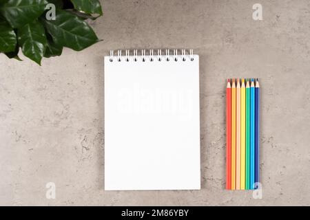 Moderner Arbeitsplatz mit offenem, weißem, recyceltem Notizbuch aus Papier und farbigen Bleistiften auf grauem Schreibtischhintergrund. Draufsicht Stockfoto