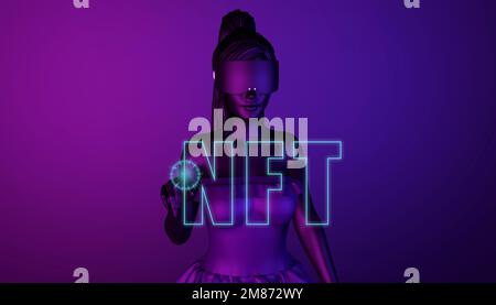 Metaverse Technologie. Cyberspace des Metaverse. Mädchen trägt eine VR-Headset-Brille. Virtuelle Realität, Cyber-World-Modellierung mit Augmented Reality. NFT, Stockfoto