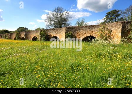 Sommer-Blick auf einen Teil der 26 gewölbte steinerne Brücke über Fluss Great Ouse in Bromham Dorf, Bedfordshire, England, UK Stockfoto