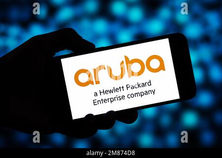 Aruba Networks Editorial. Aruba Networks ist eine Tochtergesellschaft von Hewlett Packard Enterprise für drahtlose Netzwerke Stockfoto