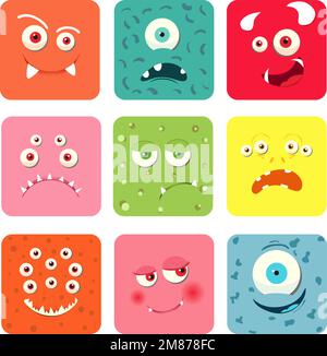 Cartoon Monster Faces Set. Vektorsammlung niedlicher quadratischer Avatare. Stock Vektor