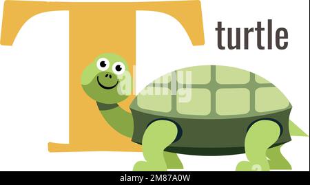T-Buchstabenkarte. Cartoon-Alphabet mit Schildkrötentier Stock Vektor