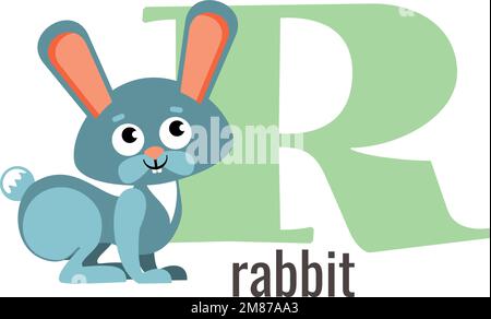 R-Buchstabenkarte. Zeichentrickkaninchen, alphabetisches Wort Stock Vektor