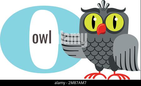 O für die Eule. Buchstabenkarte. Tierbrief Stock Vektor