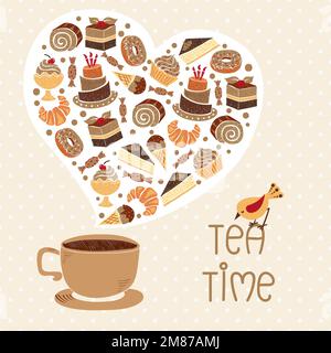 Vektordarstellung der Teezeit mit handgezeichneter Tasse Tee und verschiedenen Süßigkeiten. Stock Vektor
