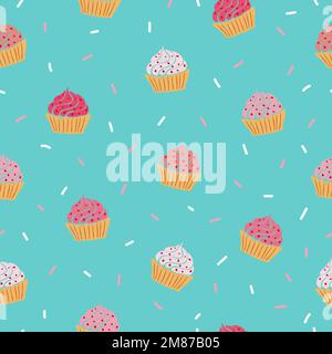 Nahtloses Cupcake-Muster. Vektorblauer Hintergrund mit Süßigkeiten. Stock Vektor
