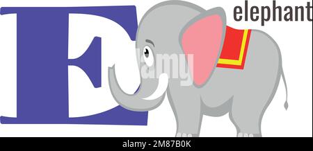 E-Buchstabensymbol. Elefanten-Zeichentrickfilm-Alphabet-Karte Stock Vektor