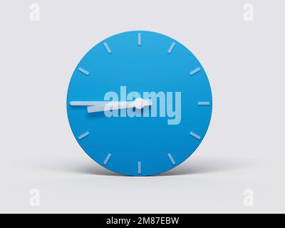 Ein 3D-Rendering einer blauen Uhr, das 8:45-Zeit isoliert auf weißem Hintergrund anzeigt. Stockfoto