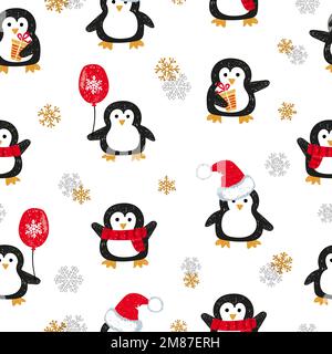 Süße Weihnachtspinguine mit nahtlosem Muster. Vektorferien-Hintergrund. Stock Vektor