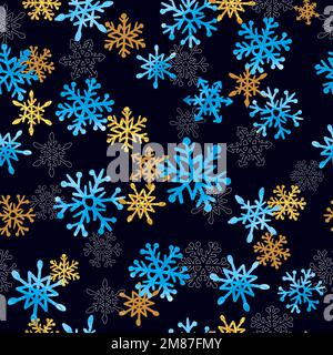 Handgezeichnetes, wasserfarbenes Blau und goldenes, nahtloses Muster mit Schneeflocken. Vektor Weihnachten Schnee Hintergrund. Stock Vektor