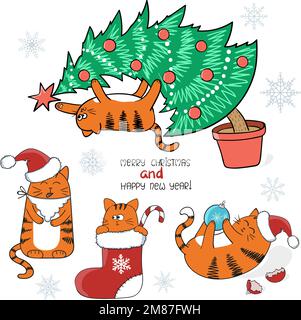 Weihnachten und Neujahr. Süße Cartoon-Katzen mit Weihnachtsmannmütze, im Weihnachtsstrumpf, auf dem Weihnachtsbaum. Abbildung: Vektortiere. Stock Vektor