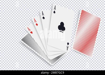 Set mit vier Assen. Spielkarten mit Diamanten-, Kreuz-, Herz- und Pik-Symbolen, isoliert auf Transparent. Spielobjekt im Casino, Spieldesign, Werbung Stock Vektor