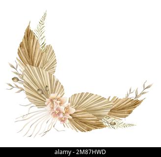 Getrocknete tropische Blumen im Boho-Stil. Handgezeichnete Aquarelle Darstellung eines exotischen Bouquet mit Palmenblättern und Orchideen für Hochzeitseinladungen oder Grußkarten auf isoliertem Hintergrund in Beige Stockfoto