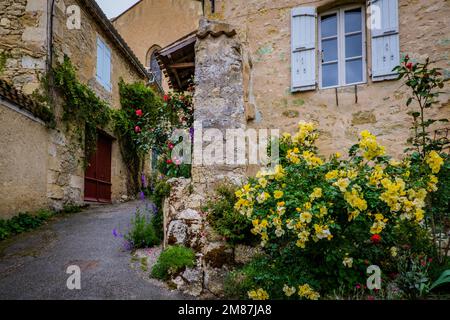 Blumige Straße des kleinen Dorfes Lavardens im Süden Frankreichs (Gers) Stockfoto