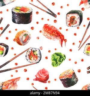 Nahtloses Aquarellmuster mit Sushi-Rollen, Nigiri, Gunkan-Garnelen, Thunfisch, Wasabi auf hellem Hintergrund. Stockfoto