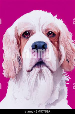 Lustiges, bezauberndes Porträtfoto eines süßen Hundes. Clumber Spaniel, Hundewelpe, steht vorne. Ich schaue in die Kamera. Aquarell-Imitation Stockfoto