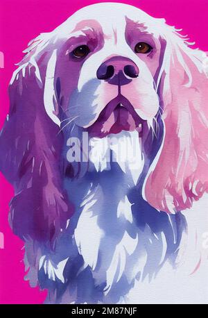 Lustiges, bezauberndes Porträtfoto eines süßen Hundes. Clumber Spaniel, Hundewelpe, steht vorne. Ich schaue in die Kamera. Aquarell-Imitation Stockfoto