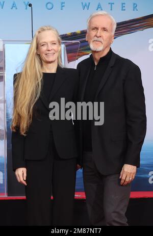Hollywood, Ca. 12. Januar 2023. James Cameron und Suzy Amis Cameron bei der Hand- und Fußabdruck-Zeremonie von James Cameron und Jon Landau zur Feier von Avatar: The Way of Water im TCL Chinese Theater in Hollywood, Kalifornien, am 12. Januar 2023. Kredit: Faye Sadou/Media Punch/Alamy Live News Stockfoto