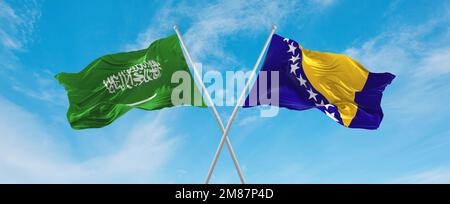 Zwei gekreuzte Flaggen Bosnien und Herzegowina und Saudi-Arabien winken im Wind am bewölkten Himmel. Beziehungskonzept, Dialog, Reisen zwischen zwei Zählern Stockfoto