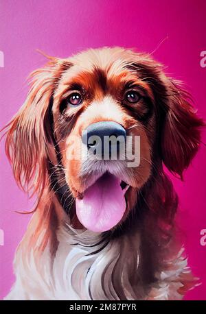 Lustiges, bezauberndes Porträtfoto eines süßen Hundes. Irischer Setter, Hundezüchter, mit Blick nach vorne. Ich schaue in die Kamera. Aquarell-Imitation Stockfoto