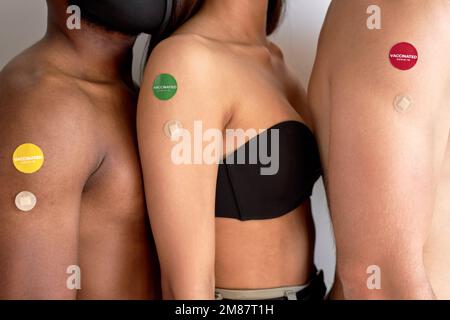 Abgeschnittene, nicht wiedererkennbare, vielfältige Menschen stehen hintereinander und posieren zur Seite, isoliert vor weißem Studiohintergrund. Seitenansicht Hochformat. Globale Gesellschaft. Stockfoto