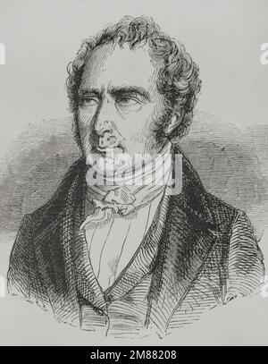 Francois Arago (1786-1853). Französischer Physiker und Astronom. Nach der Revolution von 1848 war er Kriegsminister und Marineminister in der provisorischen Regierung der Französischen Zweiten Republik. Porträt. Gravur. „Los Heroes y las Grandezas de la Tierra“ (die Helden und die Grandeurs der Erde). Volumen VI. 1856. Stockfoto