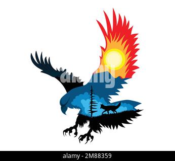 Silhouette eines Weißkopfadlers, in einer Berglandschaft und einem Wolf. vektordarstellung Stock Vektor